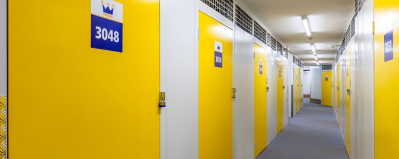 A row of affordable Crawley self storage units at a Storage King facility.