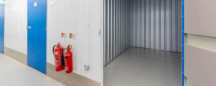 fire alarm/ extinguisher/ security feature in a self storage unit.