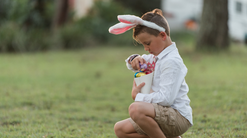 Boy with bunny ears on easter egg hunt